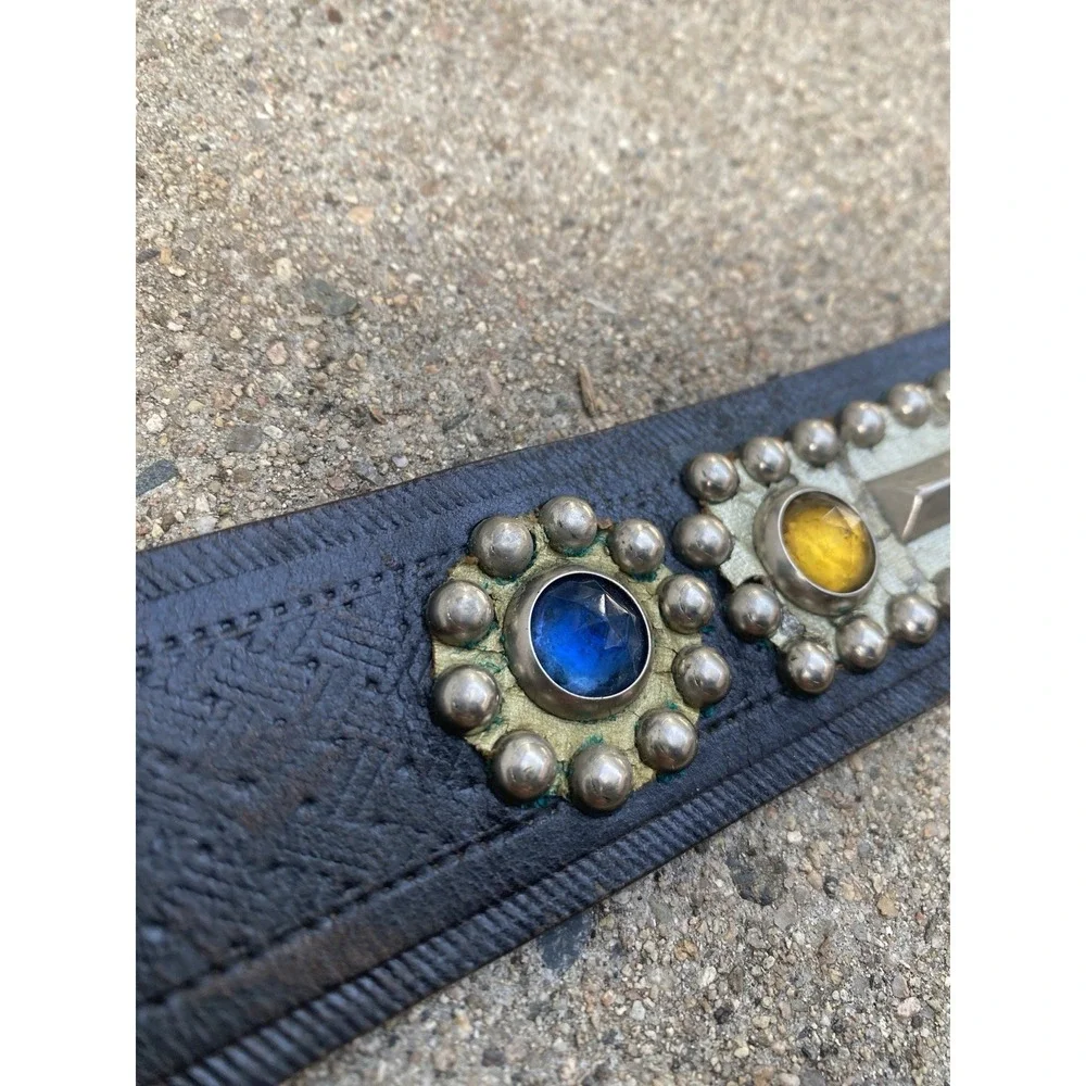 Vintage 40s 50s Studded Jeweled Rockabilly Belt Two-Prong Buckle Leather Black